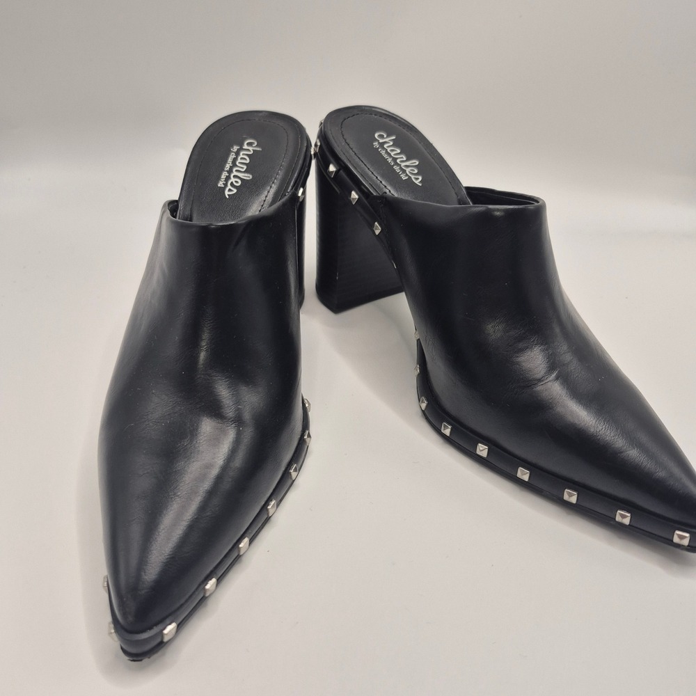 Charles by Charles David Black Studded Pointed Toe Block Heel Mules Size 9